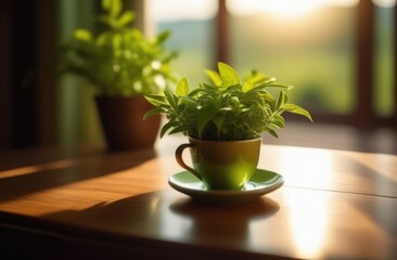 Tea leaves is in cup on table. Plant is surrounded by sunlight, which makes it look fresh, healthy. Cup of green tea sits on table, bathed in gentle sunlight streaming through window. Copy space.