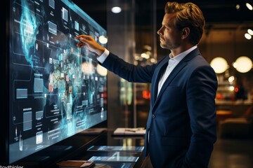 A businessman stands in front of a digital screen with information and graphs. banking, insurance, services. Business Building, Analytics. Business Management