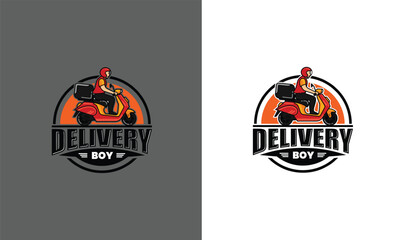 Fast delivery in flat style, Food delivery service The courier rides a motorbike with the goods. Delivery  Courier Motorbike Logo, Scooter delivery esport Icon  Symbol Vector Template - obrazy, fototapety, plakaty