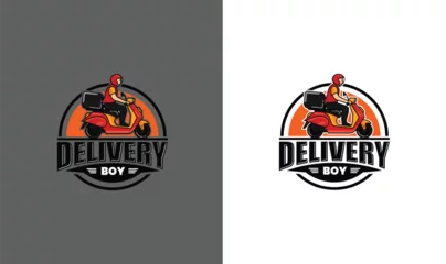 Foto op Plexiglas Fast delivery in flat style, Food delivery service The courier rides a motorbike with the goods. Delivery  Courier Motorbike Logo, Scooter delivery esport Icon  Symbol Vector Template © Shazib