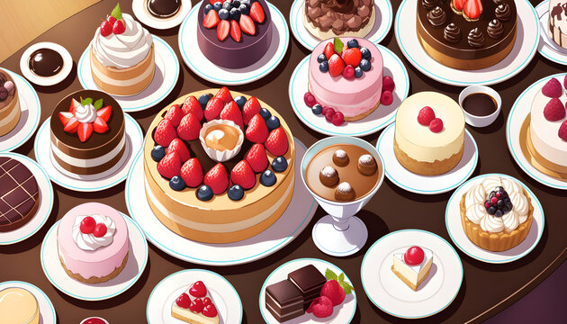 A delightful cartoony image depicting a table with assorted pastries