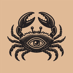 A crab with an eye on its back. Old vintage engraving illustration. Hand drawn outline graphic. Logo, emblem, icon. Isolated object, cut out. black and white	