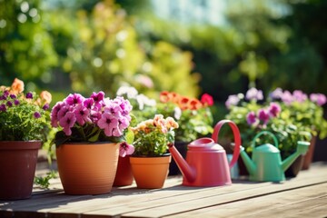 Flowers in clay pots on the terrace. Potted Flowers Wooden Floor Garden - obrazy, fototapety, plakaty
