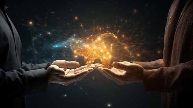 Two individuals extend hands, creating a relationship, exchanging knowledge, news and modern technology, fostering a collaborative and mutually beneficial interaction between them.