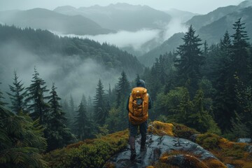 Adventurous hike through lush forest, Individual stands on a mountain peak, surveying the fog-draped valleys below, embodying the grandeur of the highlands and the serenity of the morning light. - obrazy, fototapety, plakaty