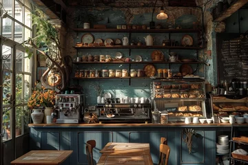 Foto op Aluminium Cozy cafe interior with sunlight streaming through windows, highlighting an array of baked goods and vintage decor, inviting a warm, nostalgic ambiance. Quaint bakery corner bathed in natural light © N Joy Art 