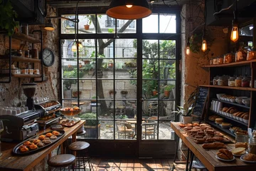 Foto op Plexiglas Rustic chic cafe with a view of the serene courtyard, where the harmony of indoor plants and vintage furnishings offers peaceful dining retreat. Charming bistro with open windows to a tranquil garden © N Joy Art 