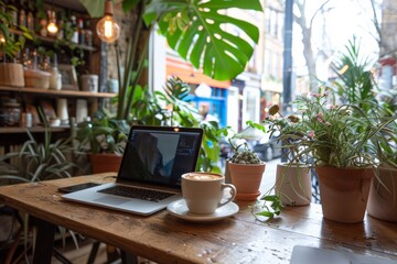 Fototapeta na wymiar Cafe table adorned with potted plants and a steaming cup of coffee beside an open laptop, suggesting a serene workspace in an urban jungle setting. offering a peaceful retreat for productivity.