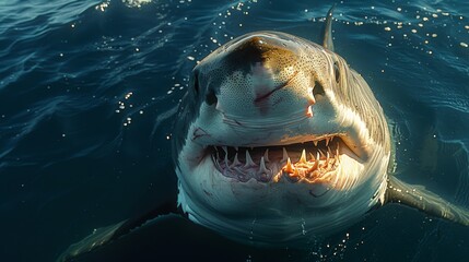 Obraz premium Ferocious great white shark in dark waters. Ocean apex predator. Marine life, shark.