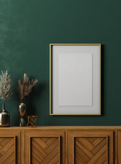 Mockup photo frame dark green wall mounted on the wooden cabinet AI Generated