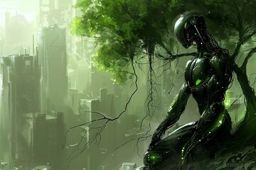 Cybernetic figure, intertwined with vines, sits contemplatively amidst a futuristic cityscape, blending organic and technological realms. robotic entity adorned with foliage rests within a metropolis, - obrazy, fototapety, plakaty