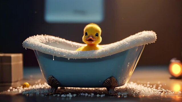 A rubber duck in a miniature bubble bath against the backdrop of warm candle light.
Concept: Bathroom, relaxation
 and baby shower toys