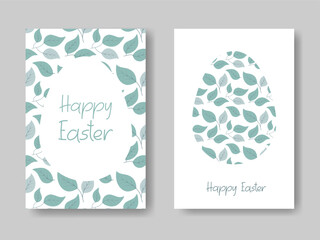 Happy Easter Cards Posters set. Silhouette of Easter Egg from Leaves. Green natural ecological Spring Background. Traditional Minimalist eco illustration for Holiday Design