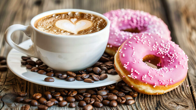 Sweet breakfast with colorful donuts and coffee, delicious bakery concept, sugar treat on a wooden table