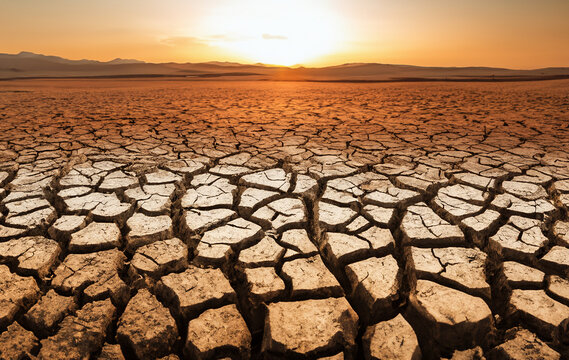 Drought land, Dries, Global drought. Dry cracked earth on sunset. Water crisis and World Climate change. Dried earth in Water crisis in nature. No freshwater in desert. Cracked dried earth soil