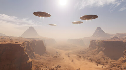 Digital art of three UFOs hovering silently over a vast desert canyon under a clear sky.
