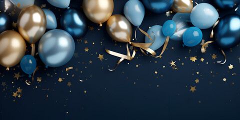 Celebratory Festive Background with Golden and Blue Balloons