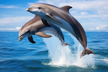 Cheerful dolphins leaping out of crystal clear waters, two  dolphins leaping out of crystal-clear turquoise waters, Ai generated