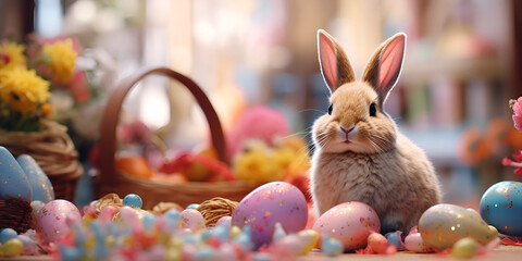 Cheerful Rabbit Surrounded by Colorful Easter Eggs