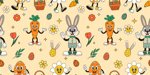 seamless pattern with Easter groovy bunny, egg, carrot