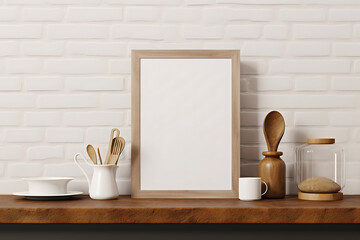 Mock up poster frame in kitchen interior with white wall on wood shelf 
