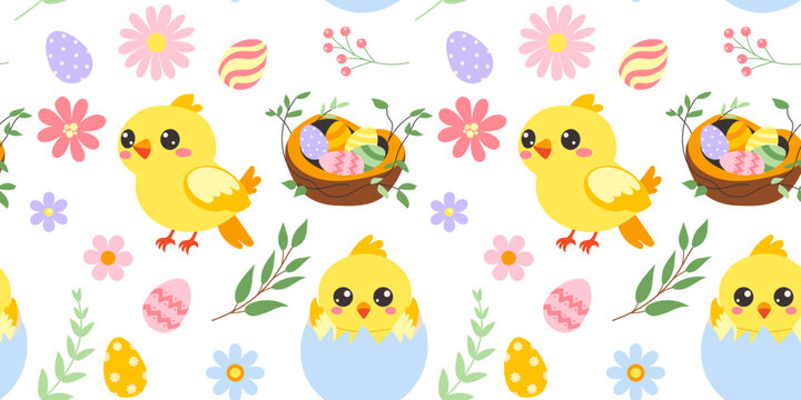 easter eggs and chickens seamless pattern