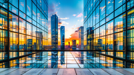 Sunset Reflections on Modern Skyscrapers, Urban Business District with Glass Facades, City Architecture Concept - obrazy, fototapety, plakaty