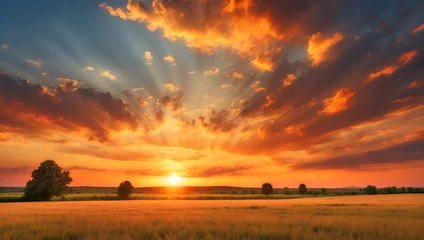 Papier Peint photo Lavable Orange Beautiful blazing sunset landscape at over the meadow and orange sky above it. Amazing summer sunrise as a background.