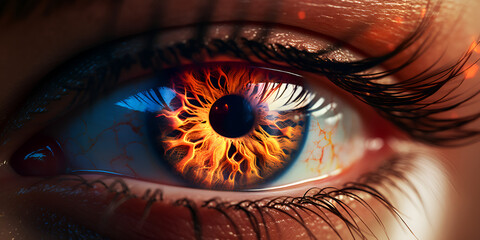 Blazing Vision: Close-Up of an Eye with Intense Fire - obrazy, fototapety, plakaty