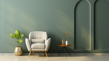 Living room with gray armchair on empty dark green wall background AI Generated