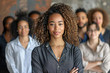 Obraz premium A confident black female businesswoman standing in front of her team