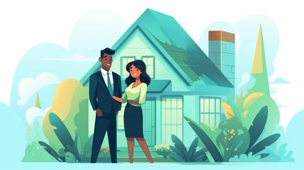 Man and Woman Shaking Hands in Front of House
