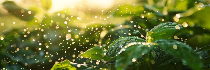 Fine droplets of pesticide or herbicide are sprayed onto crops, targeting specific pests or weeds while minimizing chemical usage in environmentally conscious farming. - obrazy, fototapety, plakaty