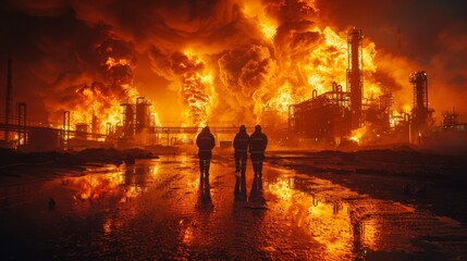 Trabajadores de una petrolera interactuando con el sistema de supresin de incendios - obrazy, fototapety, plakaty
