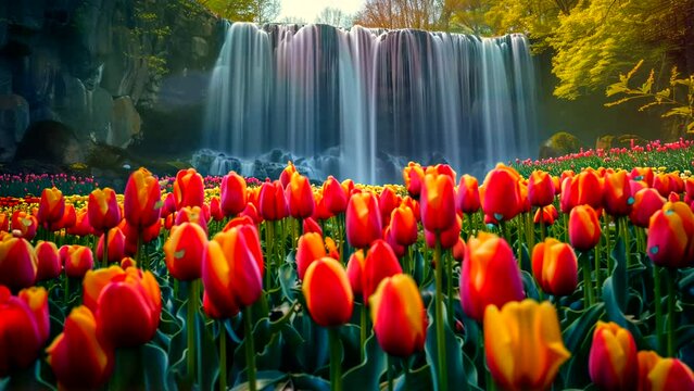 Spring landscape with tulip fields and beautiful waterfall. Seamless looping 4k time-lapse video animation background 