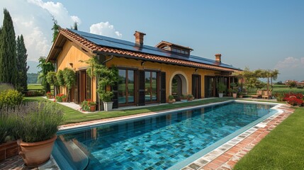 swimming pool Water heating in an outdoor pool using solar collector  - obrazy, fototapety, plakaty