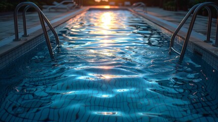 swimming pool Water heating in an outdoor pool using solar collector - obrazy, fototapety, plakaty