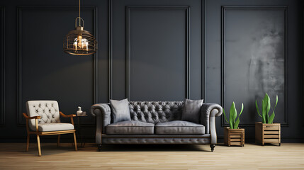 The interior has a sofa and armchair on empty dark wall background 