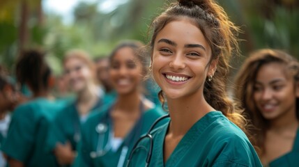 Group of female health students laughing together as they walk around campus wearing scrubs. Multicultural medical graduates going to attend a training class as part of their medical residency  - obrazy, fototapety, plakaty