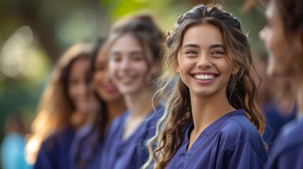 Group of female health students laughing together as they walk around campus wearing scrubs. Multicultural medical graduates going to attend a training class as part of their medical residency 