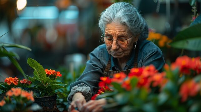 Mature flower arranger waters a floral plant in her store, taking care to ensure that it gets the right amount of water and light. She applies the same attention to detail to her business