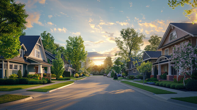 A suburban street at dawn, the soft light illuminating the craftsman homes, each displaying unique architectural features and simple yet elegant exteriors.