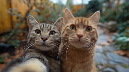 Funny cats Self picture. Selfie stick in his hand. Couple of cat taking a selfie together with smartphone camera  - obrazy, fototapety, plakaty