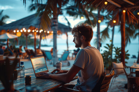 a freelancer working on his computer in resort