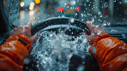 Cropped shot of man sitting behind wheel of a car and using smartphone. Closeup view and splash water over black background