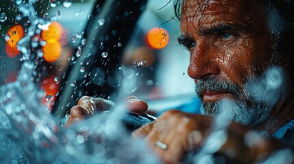 Cropped shot of man sitting behind wheel of a car and using smartphone. Closeup view and splash water over black background  - obrazy, fototapety, plakaty