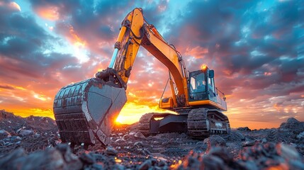Close-up of working excavator bucket on the sky background 
