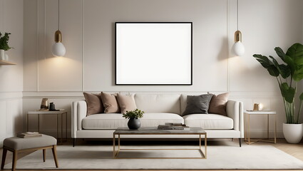 Elegant Living Room Decor, Modern Sofa with Stylish Accessories in a Cozy Interior, A mockup of a blank poster frame.