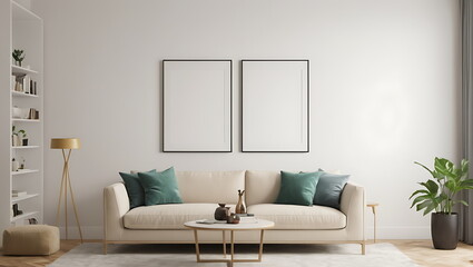 Elegant Living Room Decor, Modern Sofa with Stylish Accessories in a Cozy Interior, A mockup of a blank poster frame.