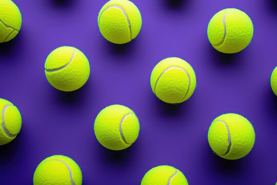Pattern of tennis balls on purple surface with blue background